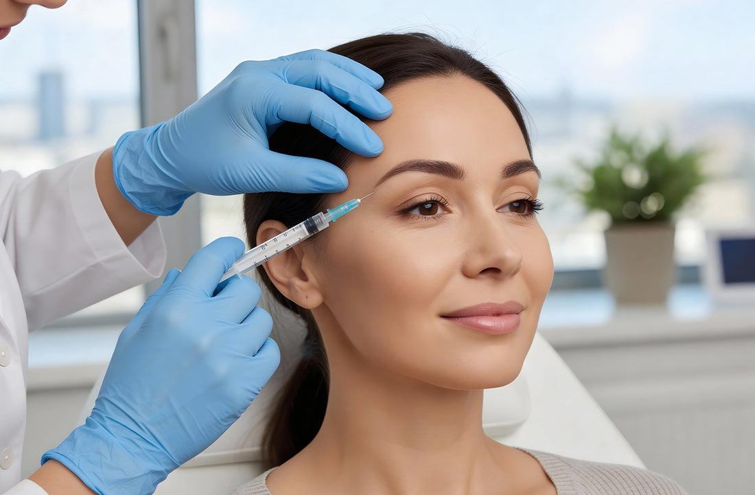 Person receiving a facial injection from a professional in a clinical setting.