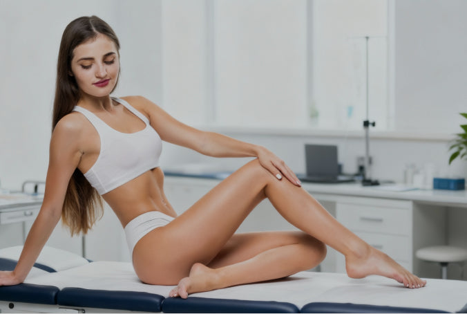 Woman in a sports bra and shorts sitting on a medical examination table in MedLaser Clinic.