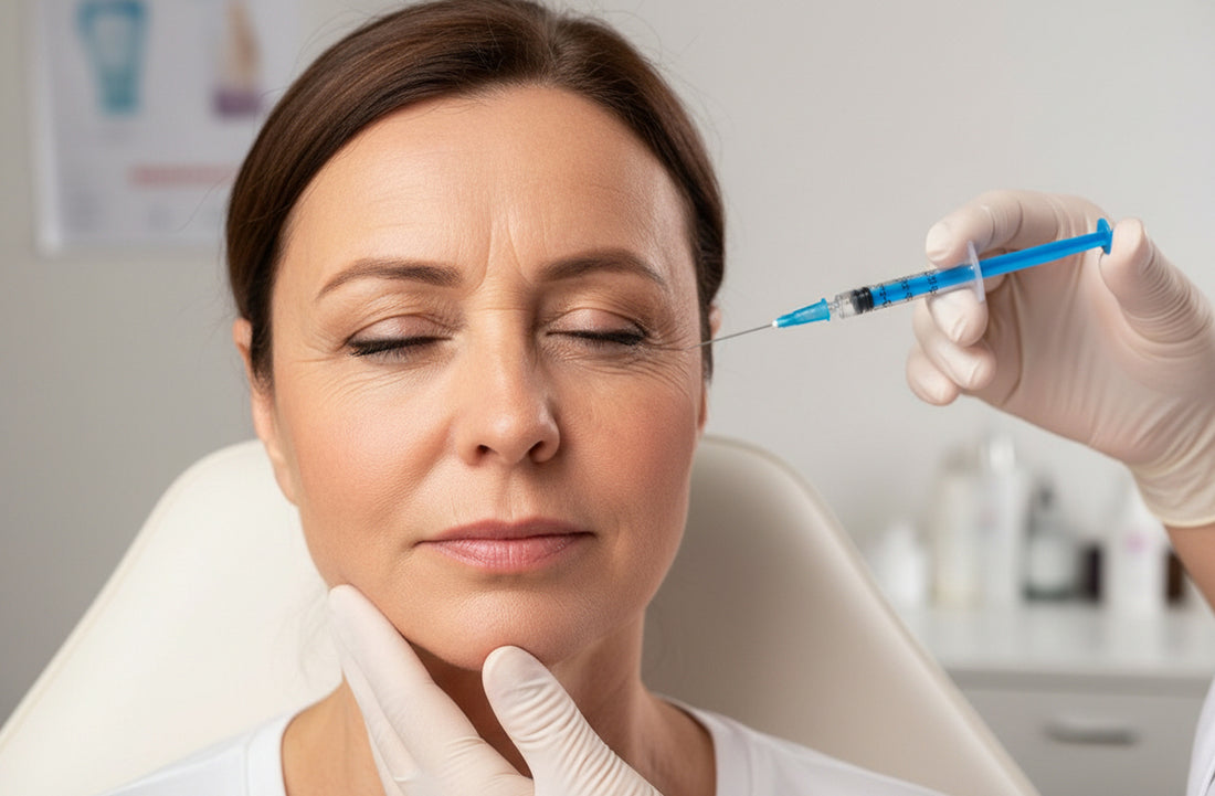 Woman receiving facial injection treatment with a gloved hand holding a syringe.