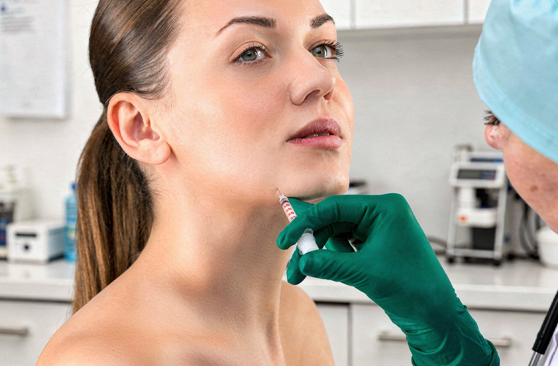 Person receiving a facial syringe in the chin area by a healthcare professional in a medical setting.